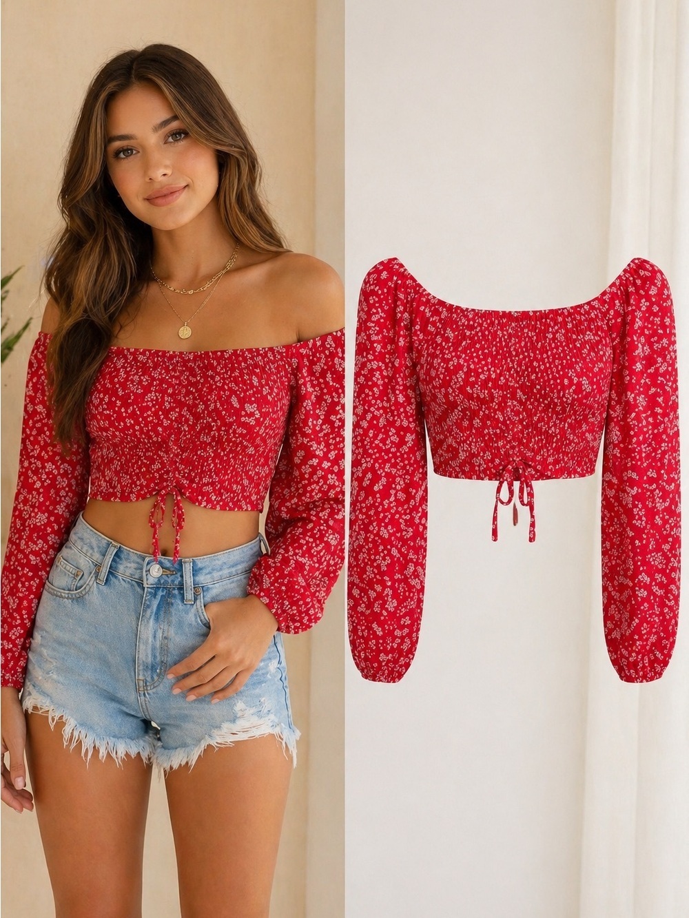 Mable | Red Floral Smocked Crop Top | Off Shoulder | Long Sleeve | Size S